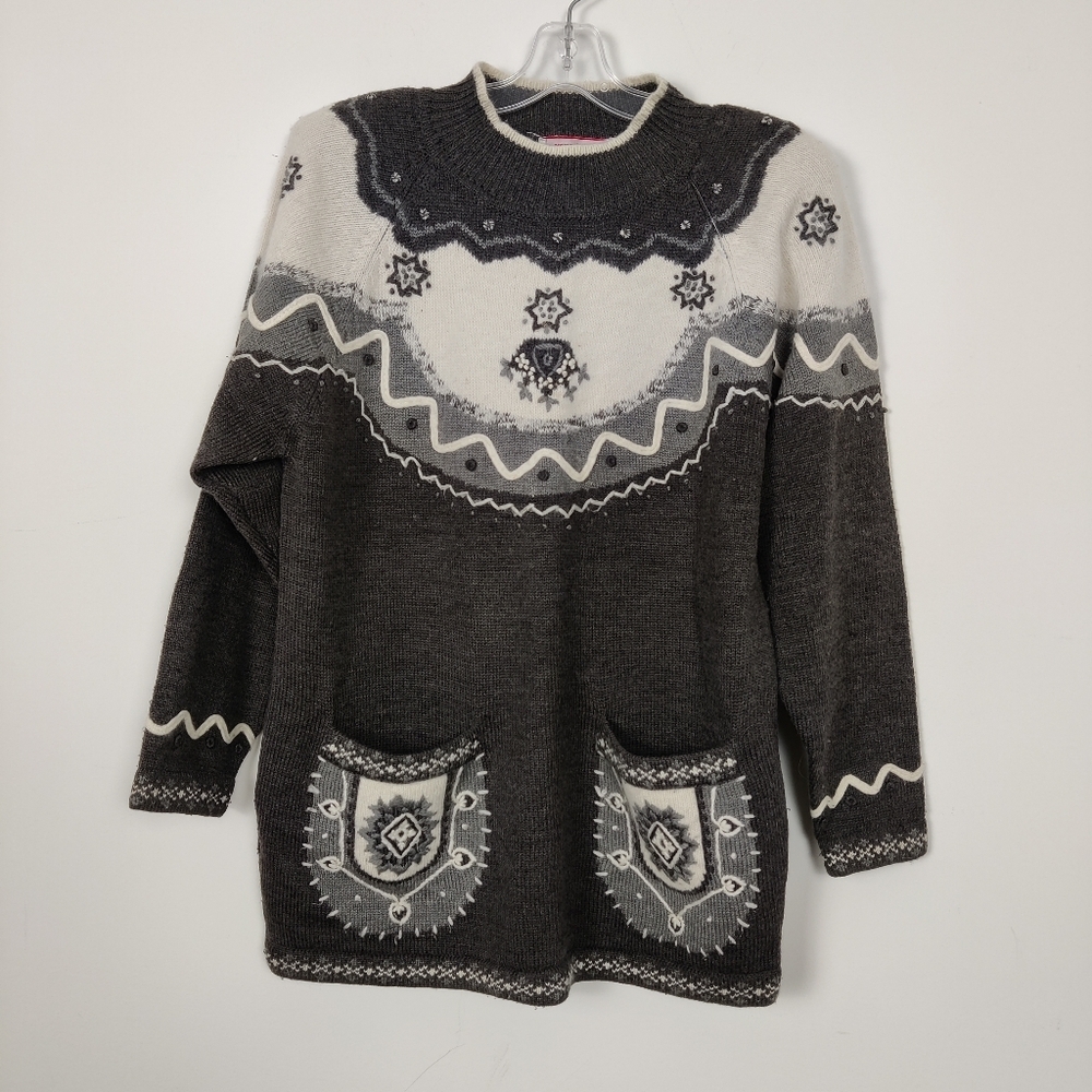 Vintage Rene Derhy Women's Mock Neck 3D Wool Sweater in Cream Brown Bohemian